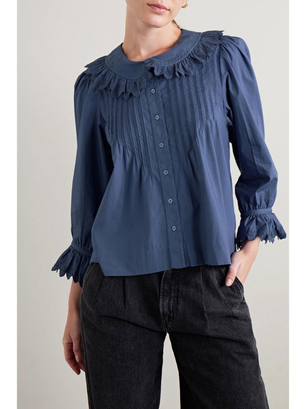 Doen Hickory Blouse - Blue Ruffled 3/4 Sleeve Collar Blouse